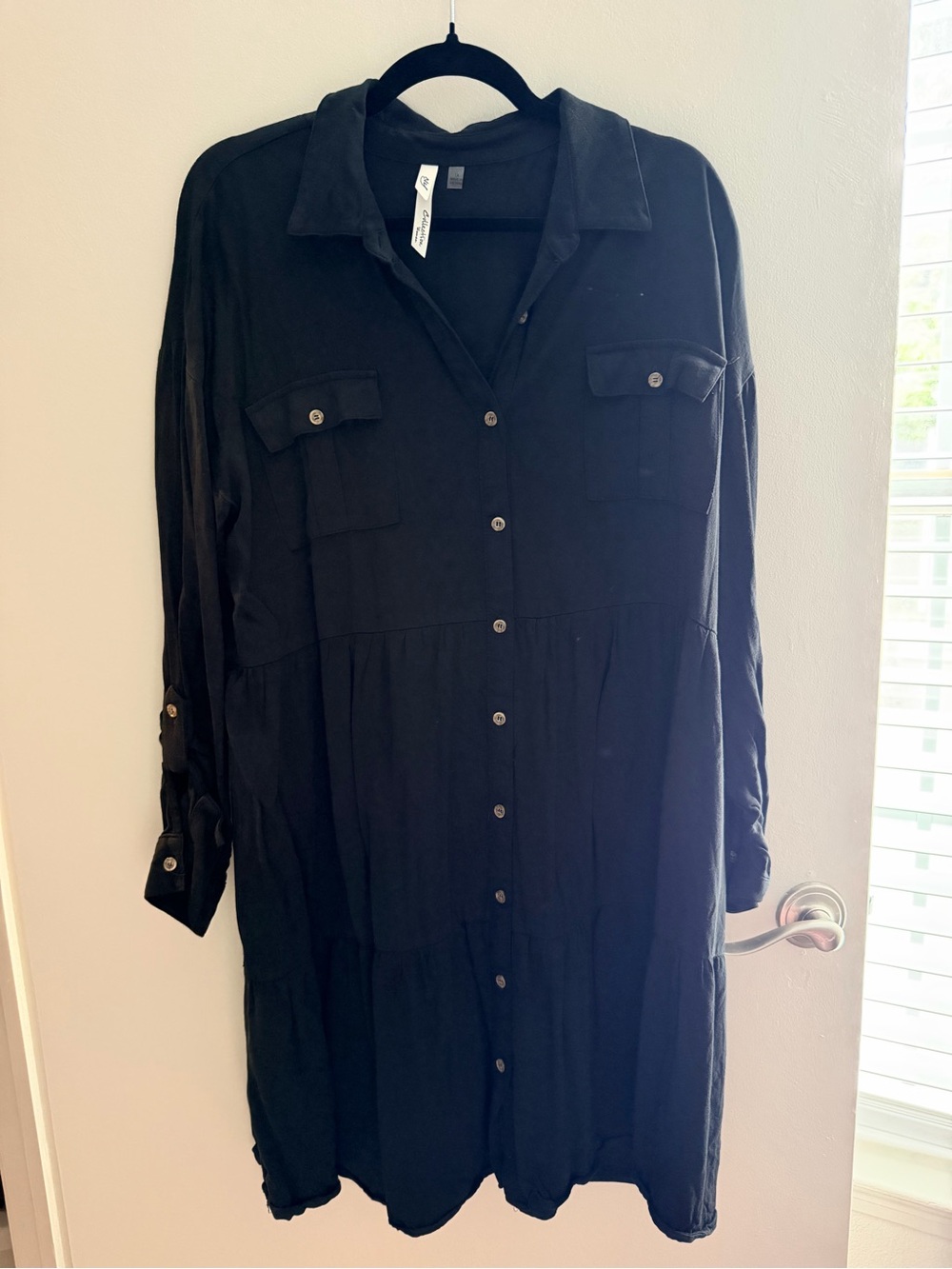 NY Collection Black Button-Front Long Sleeve Shirt Dress